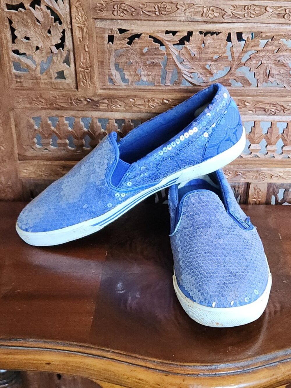 Coach Kivy Sequin Slip on Sneaker in Cobalt Blue Jacquard Fabric